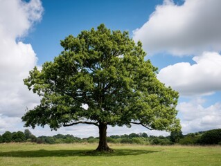 Obraz premium Majestic oak tree stands tall in a lush green field under a vibrant blue sky with fluffy white clouds creating a serene and idyllic landscape scene