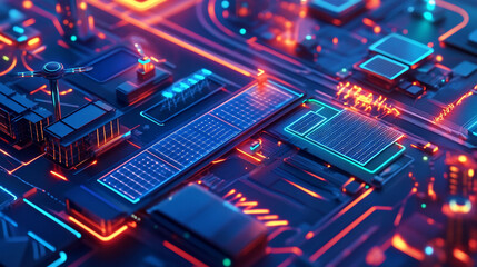 Fototapeta premium Futuristic Cityscape Integrated Circuit Board Digital Illustration