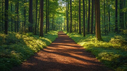 Serene Forest Pathway with Lush Trees, Capturing Peaceful Natural Beauty in a Tranquil Setting