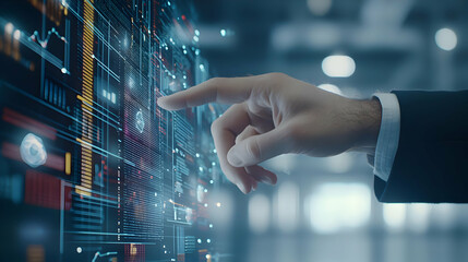 Close Up Of Businessman Hand Touching Digital Interface With Data Lines and Lights in Office