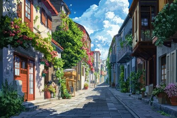 Obraz premium Charming anime street with vibrant greenery and colorful buildings in a peaceful setting, anime background depicting a charming street anime Photo background