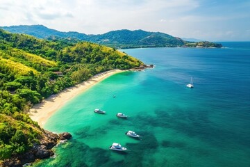 Explore the stunning beaches and turquoise waters of Phuket Island, Thailand, on a sunny holiday getaway, Asia holiday destination - Phuket island Thailand Sea coast aerial view