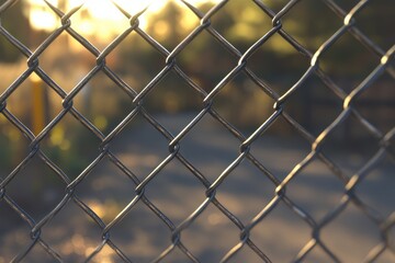 Fototapeta premium Chain Link fence with sunlight filtering through at a park during golden hour, HDR chain link fence Photo