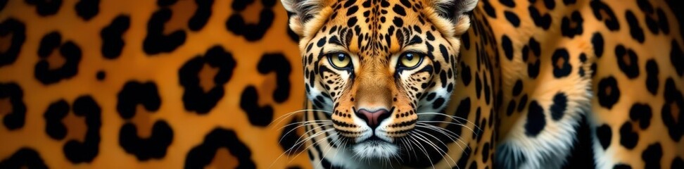 Obraz premium Close-up of leopard's face with repeating orange and black leopard print texture in the background, pattern, orange, black