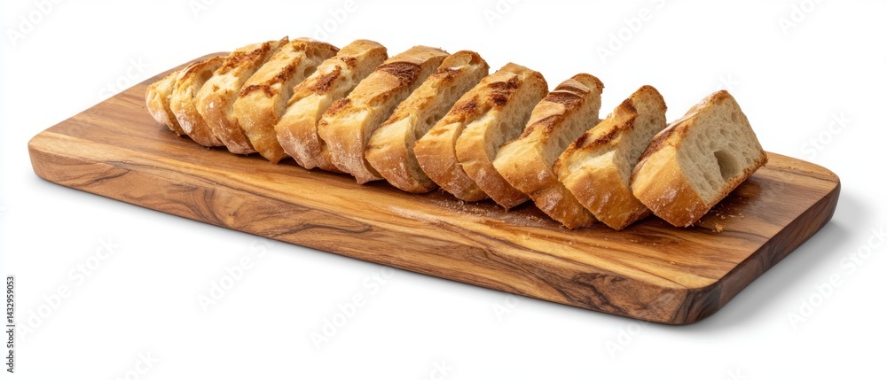 Poster sliced baguette on a wooden cutting board displaying crusty texture and golden brown color with a cl