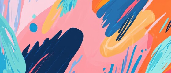 Vibrant abstract painting with bold brushstrokes in pink, blue, orange, and yellow, creating a playful and modern artistic background