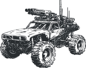 Black and white illustration of an offroad truck equipped with heavy weaponry and large tires for rough terrain © vadymstock