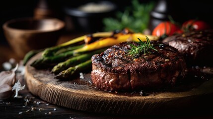 Gourmet steak dinner on a rustic wooden table, captured with dramatic lighting and moody tones in high-contrast, professional studio food photography