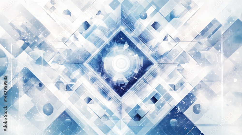 Poster abstract geometric design with blue and white shapes, creating a futuristic, symmetrical pattern.