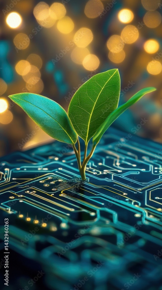 Poster vibrant sprout emerging from a futuristic circuit board against a bokeh background symbolizing techn