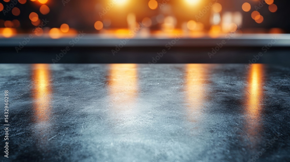 Poster a dark gray table with a reflective surface in the foreground.