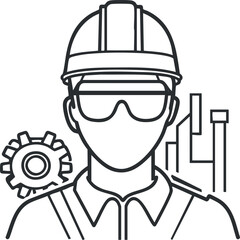 Outline icon of an engineer or construction worker wearing safety helmet and goggles with industrial background