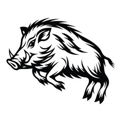 Isolated Black and White Silhouette of Wild Boar Leaping, Minimalist Design, Animal Art