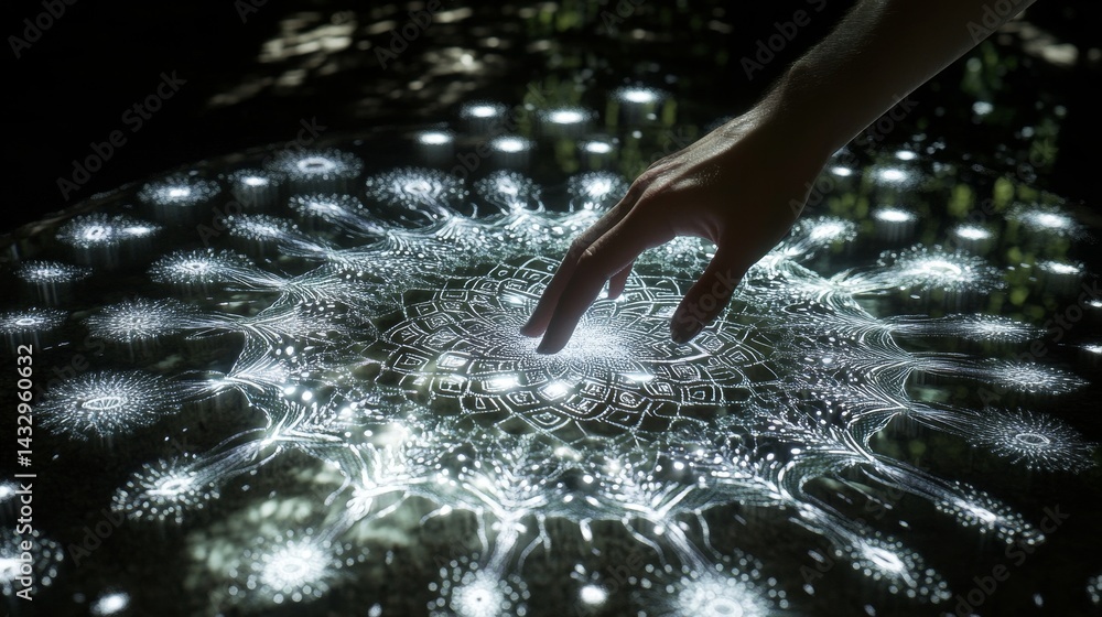 Poster hand reaching towards a glowing abstract pattern on a dark surface.