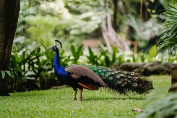 Peacock displays vibrant tail feathers on lush grass amid tropical greenery, A peacock spreading its tail feathers on the grass in the zoo