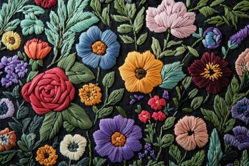 Vibrant embroidered floral design on dark fabric.