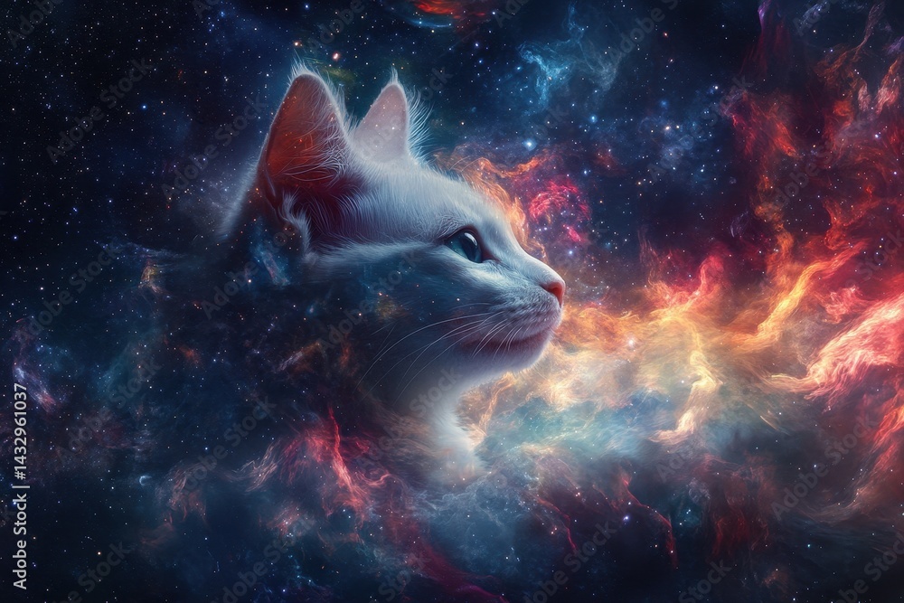 Poster cat head surrounded by vibrant outer space elements showcasing cosmic colors and textures, cat head 
