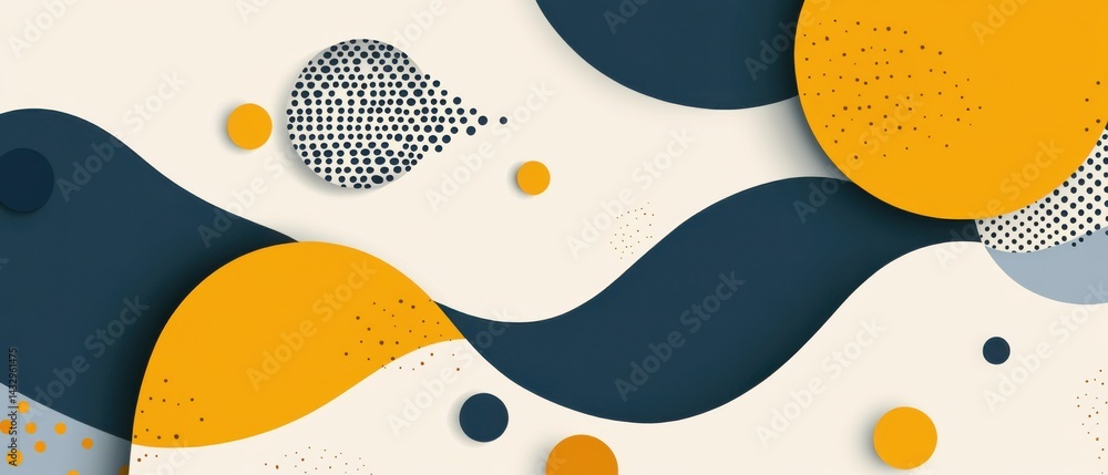 Poster modern abstract background with yellow and navy blue geometric shapes and halftone pattern, creating