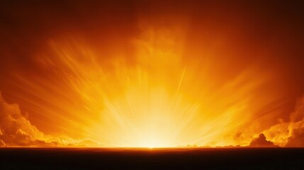 A fiery sunrise paints the sky with orange and yellow hues, casting a warm glow over the horizon.