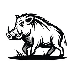 Fototapeta premium Monochrome Boar Wild Pig with Tusks Walking on Grass Clipart