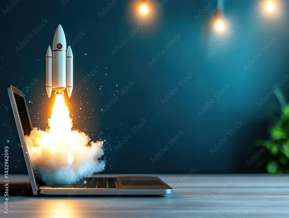 Poster Rocket launch from laptop, symbolizing innovation and technology, with bright flames and clouds creating dynamic scene of creativity and progress