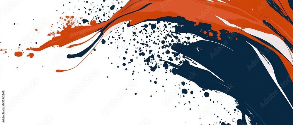 Poster dynamic abstract background with orange and navy blue paint splash, artistic splatter design on whit