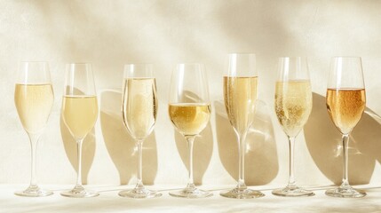 Six champagne flutes filled with sparkling wine, casting shadows on a beige background.