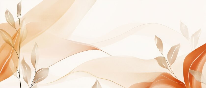 Elegant abstract background with flowing terracotta ribbons and botanical leaves Modern artistic design with soft earth tones for a calming and sophisticated aesthetic