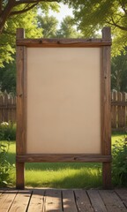 Blank poster frame on rustic wooden fence, idyllic park setting, template, spring, sunlight