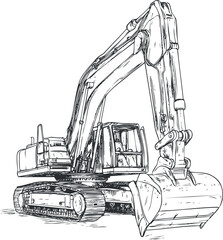 Detailed black and white sketch of an excavator heavy machinery used for construction and earthmoving © vadymstock