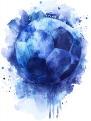 Naklejka premium Artistic watercolor painting of a blue soccer ball with splashes on a white background sports equipment for football match creative illustration style