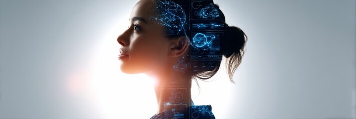 Woman with projected digital brain graphics