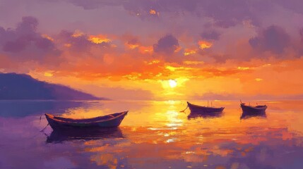 Fototapeta premium Painting of boats on water with a colorful sunset sky and distant land.