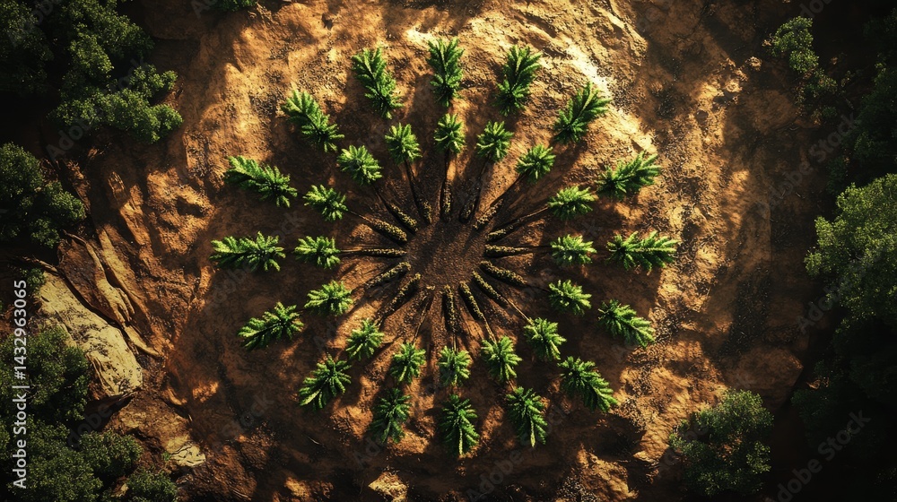 Aufkleber aerial view shows a circular pattern of trees surrounded by rocky terrain.