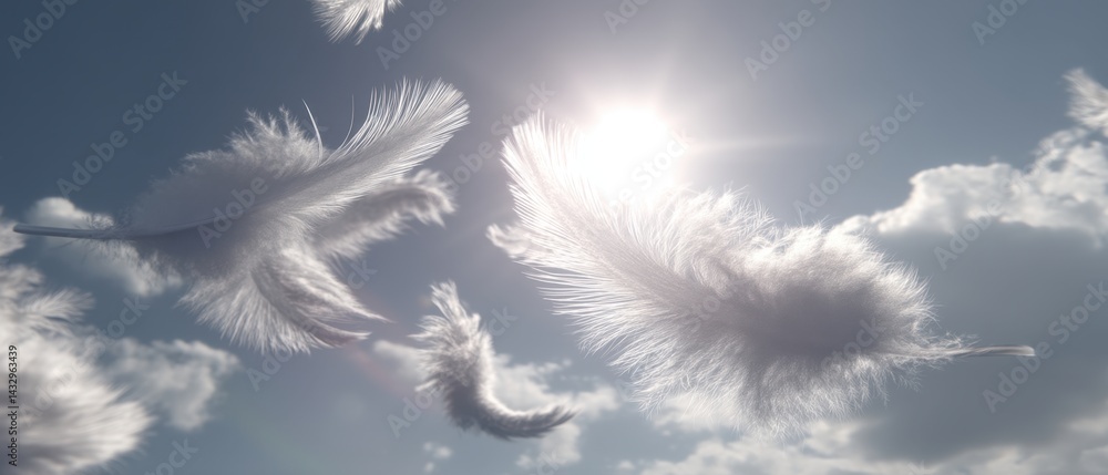 Poster ethereal white feathers float gently against a serene blue sky with soft clouds and bright sunlight 