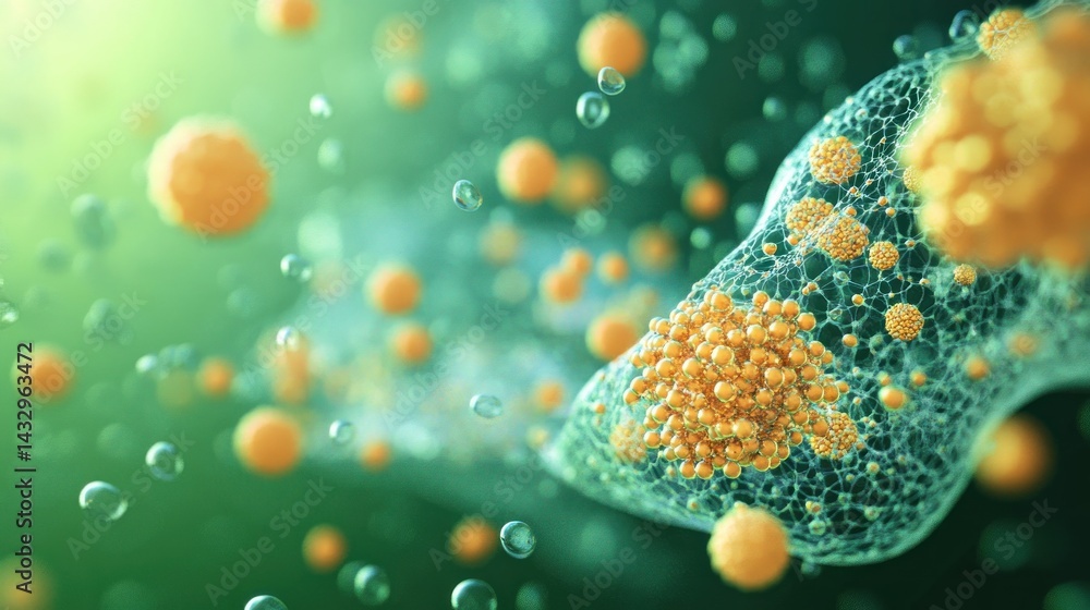 Poster microscopic view of orange spheres clustered within a translucent network, suspended in a green back