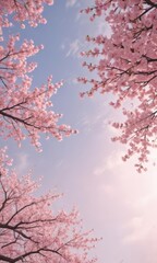 Fototapeta premium Delicate pink sakura petals drift on a soft pastel sky , falling, dreamy, pink