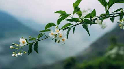 White jasmine branches with green leaves and small flowers blooming against misty mountains. Minimalist, high-definition scene under bright natural light, fresh atmosphere.