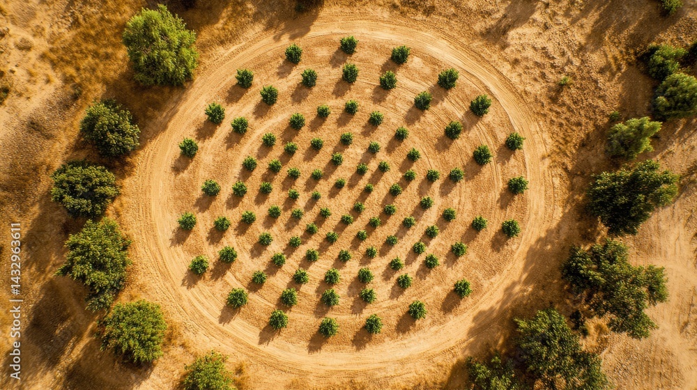 Poster aerial view of circular field with rows of trees surrounded by dry grass.