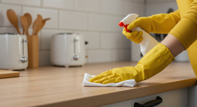 Sparkling Clean! Countertop Cleaning with Gloves, Spray & Cloth: Kitchen Hygiene, Stain Removal, & Disinfecting Tips!