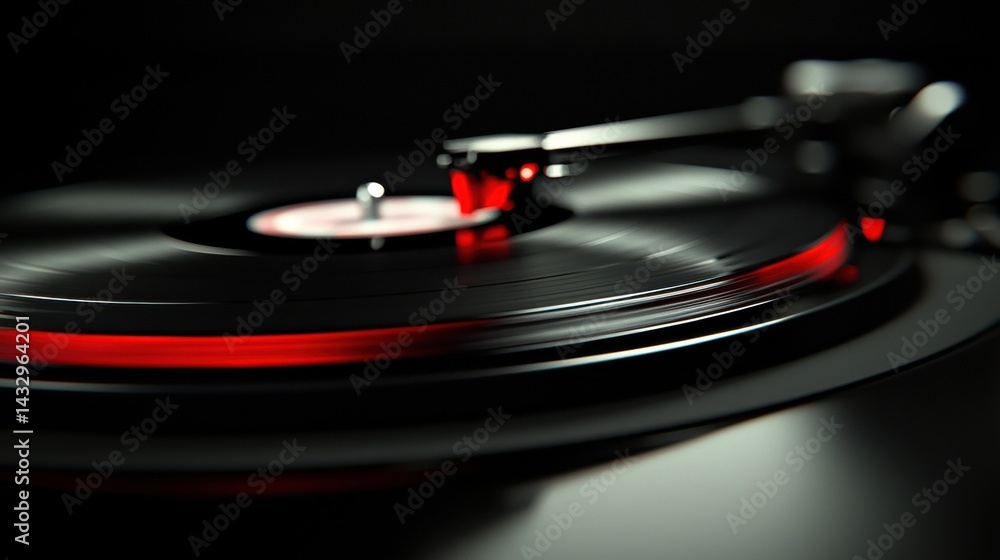 Poster a black record player with a red light on the side.
