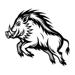 Strong Black and White Boar Mascot Jumping Forward Aggressively on Isolated Background