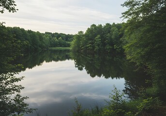 Fototapeta premium Serene forest lake scene tranquil nature background