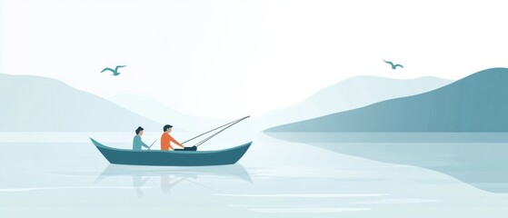 Serene vector illustration of two men fishing in a boat on a calm lake surrounded by mountains, concept of outdoor recreation and peaceful nature