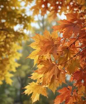 Close-up of maple leaves with blurred fall background, autumn, outdoor