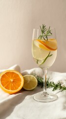 A beautifully crafted mojito Refreshing citrus drink with rosemary garnished in a glass, highlighting vibrant colors and inviting textures.