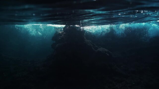 The waves crash on rocks in the sea. Underwater photography Atlit, Israel. Dramatic lighting