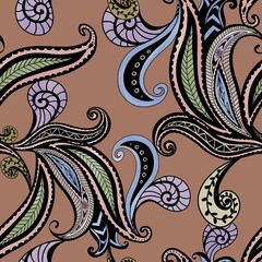 Seamless abstract pattern with paisley on mocha mousse colour background.