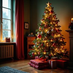 Cozy Christmas tree with colorful ornaments and twinkling lights in a warm room, cozy, christmas, glowing