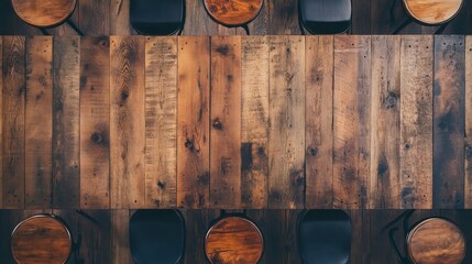 High-angle view of a long wooden table with chairs